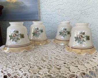 Vintage Lusterware White Glass Ruffled Light Sconce Lamp Shade with MCM Colored Flowers - Set of Four