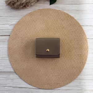 May include: A small, taupe-colored wallet with a gold-colored button closure. The wallet is rectangular and sits on a woven, tan-colored placemat. Decorative dried plants and flowers are in the background.