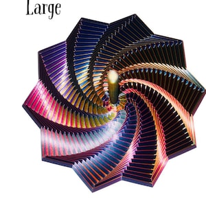 May include: Two abstract, star-shaped sculptures. The top one, labeled "Large," features a gradient of colors from pink to blue. The bottom one, labeled "Medium," is red. Both have a central, cylindrical element.