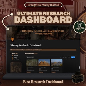 May include: A digital research dashboard displayed on a laptop screen titled History Academic Dashboard, featuring a research tracker with sections for Ancient Rome, Egypt, and Greece, alongside a quote by Santayana and navigation menus.