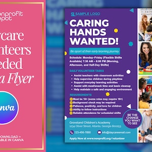 May include: A pink and purple Canva flyer advertising for Daycare Volunteers. The flyer reads "CARING HANDS WANTED!" and lists volunteer tasks and requirements. It also includes photos of children and adults.