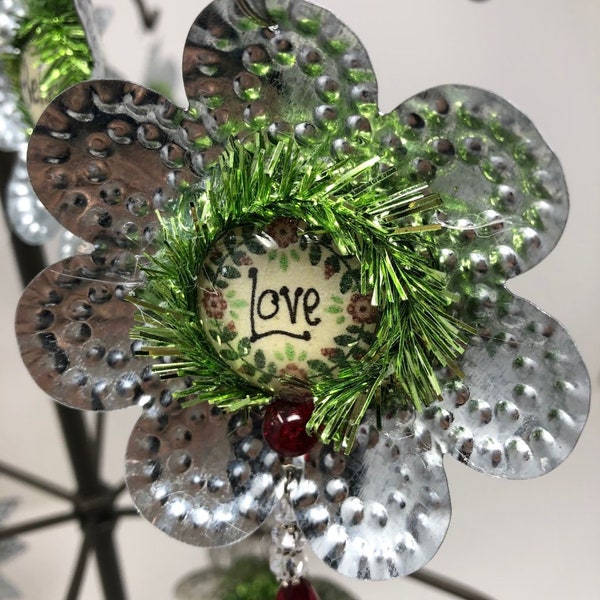 Christmas, glass, beads, crystal,Antique tin reflector ornament love, believe, cherish, peace, tinsel, ,faith