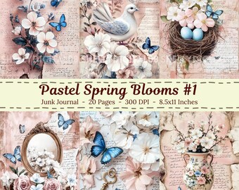 Pastel Spring Blooms Junk Journal Kit Vintage Printable Pink Flowers Ephemera Journal Paper Bundle Scrapbook Digital Junk Journal Pages