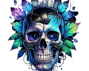 Blommig dödskalle Clipart 5 PNG-set, hög upplösning, 4000x4000, 300 DPI, sublimering, Halloween, mörk konstdesign, gotisk design, dödskalle