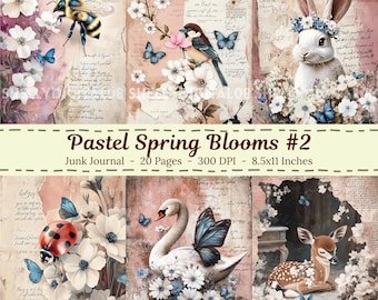 Pastel Spring Blooms Junk Journal Kit Vintage Printable Pink Flowers Ephemera Journal Paper Bundle 2 Scrapbook Digital Junk Journal Pages
