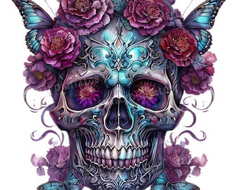 Mörk gotisk dödskalle Clipart med blommor och fjärilar Halloween PNG Bundle Sublimeringsdesigner 300 DPI Kommersiellt bruk Dödskallekonst