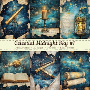 May include: A collage of celestial-themed images with a dark blue and gold color scheme. The images include a telescope, a lit candle, a stained-glass lantern, a planet, an open book, and rolled scrolls. The text "Celestial Midnight Sky #1" is visible.