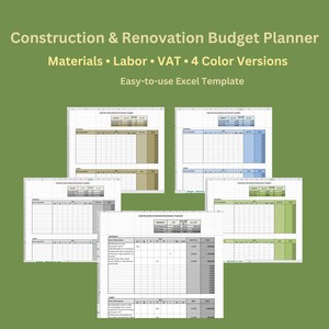 May include: A green background features a construction and renovation budget planner. The text reads "Construction & Renovation Budget Planner" and "Materials • Labour • VAT • 4 Color Versions." Several Excel spreadsheet templates are shown.