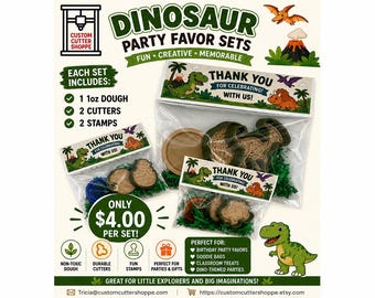 Dinosaur Party Favor Set, Play Dough Kit with 1 dough & 2 Cutters/Stamps, Dinosaur Birthday Goodie Bag, Kids Party Gift, Classroom Treat