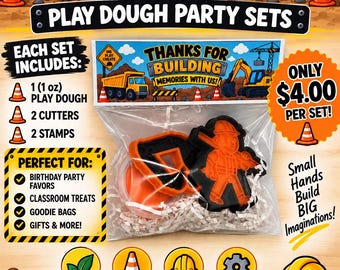 Construction Party Favor Set, Play Dough Kit with 1 dough & 2 Cutters/Stamps, Birthday Goodie Bag, Kids Party Gift, Classroom Treat