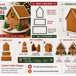 May include: A 3-piece gingerbread house cookie cutter set featuring a front and back wall cutter, a side wall cutter, and a roof cutter. The set includes instructions for assembly and shows a finished house measuring 9 inches tall, 5 inches wide, and 8 inches deep.