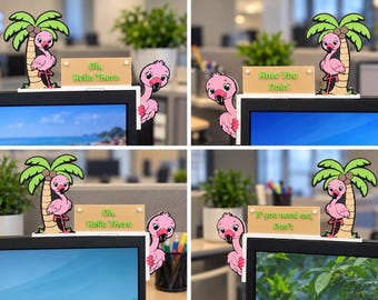 Flamingo Monitor Topper, 3D Printed Desk Decor, Personalized Office Decor, Interchangeable Custom Sign, Double-Sided Monitor Buddy