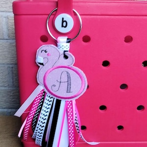 Personalized Flamingo Bogg Bag Charm: Glitter Initial, Tassel Accent