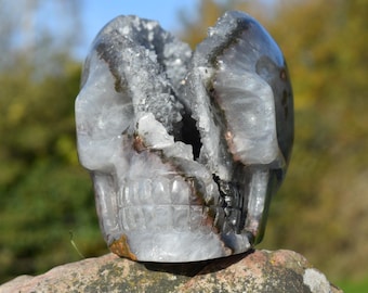 Cráneo de geoda de ágata cambiaformas – Escultura de drusa de cuarzo tallada a mano de 2 kg