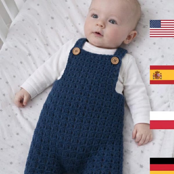 Crochet Baby Romper Pattern – Textured Dungarees, Multi-Language (PDF Pattern)