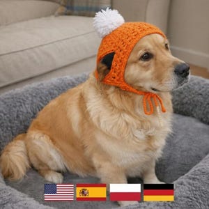 May include: A golden retriever wearing an orange crocheted hat with a white pom-pom and ear holes. The hat is tied under the chin with orange yarn. The dog is sitting in a gray plush dog bed.