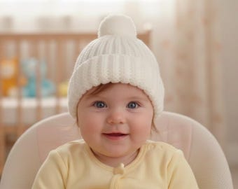 Crochet Pattern Baby Beanie with Pom Pom, Ribbed Knit Style Hat PDF