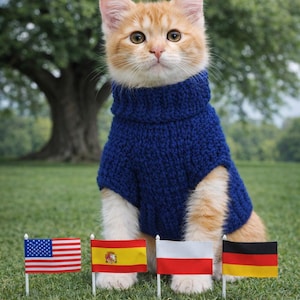 Può includere: Un gattino arancione e bianco con un maglione blu navy lavorato a maglia è seduto sull'erba verde. Piccole bandiere di Stati Uniti, Spagna, Polonia e Germania sono poste davanti al gatto. Un grande albero è sullo sfondo.