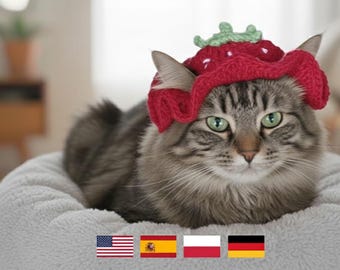 Crochet Strawberry Cat Hat Pattern - PDF Digital Download - Fruit Pet Bonnet for Cats and Small Dogs - 4 languages