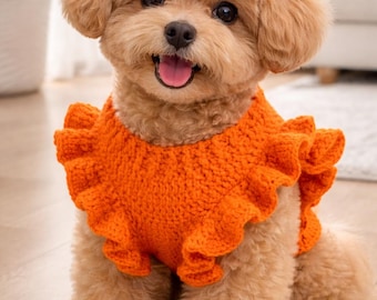May include: A small, light brown dog wearing an orange, ruffled knit sweater. The dog is smiling with its tongue out. The sweater has a round neckline and a ruffled edge. The dog is sitting on a light-colored wooden floor.
