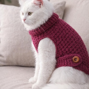 May include: A white cat wearing a burgundy crochet sweater with a turtleneck collar and a wooden button closure. The cat is sitting on a light-colored sofa, with a neutral background.