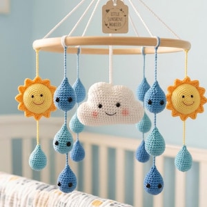 Crochet Baby Mobile Pattern PDF | Amigurumi Sun, Cloud and Raindrops Nursery Mobile | Crochet Pattern Digital Download | Amigurumi Mobile