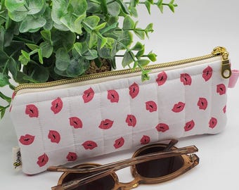 Handmade Quilted Cotton Pouch, Zippered Makeup Bag, Glasses Case