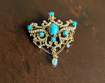 14k Antique Victorian Turquoise and Seed Pearl Pin