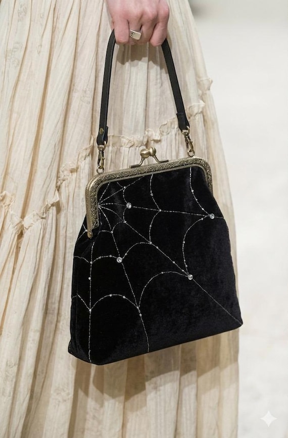 Spiderweb Kiss Lock Crossbody Bag | Gothic Beaded Embroidery, Black Frame Purse