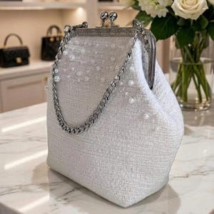 Pearl Embellished White Tweed Kisslock Clutch | Evening & Bridal Handbag with Chain