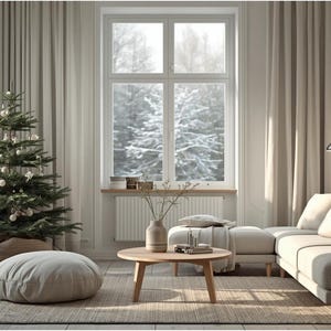 May include: A cozy living room scene with a decorated Christmas tree, a light-colored sectional sofa, and a round wooden coffee table. The room features large windows with sheer curtains, a neutral color palette, and a rug. The tree is adorned with white ornaments.
