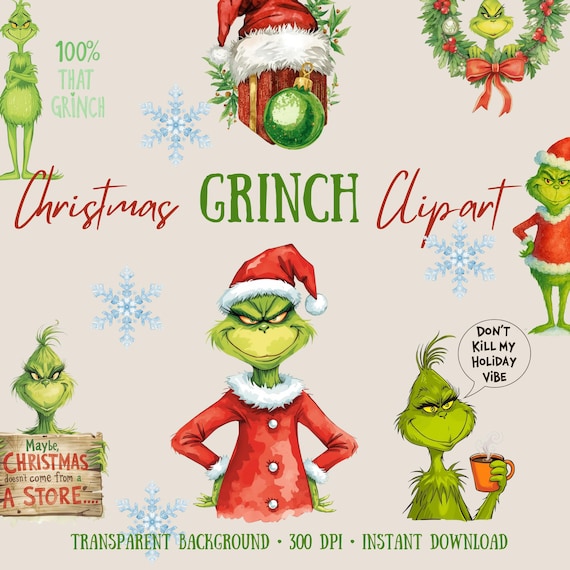 Christmas Grinch Clipart Bundle PNG, Christmas Digital Stickers, Transparent Background, Instant Download