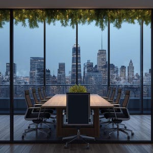 Può includere: Una moderna sala riunioni con un grande tavolo in legno e sedie nere. La stanza ha finestre a tutta altezza che offrono una vista panoramica sullo skyline di una città al tramonto. Il verde è appeso sopra le finestre.