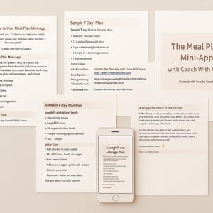Peut inclure: Plusieurs feuilles de papier beiges avec du texte et un smartphone affichant une application de plan de repas. Les papiers incluent des titres tels que "Sample 7 Day-Plan" et "The Meal Plan Mini-App". Le smartphone est blanc.