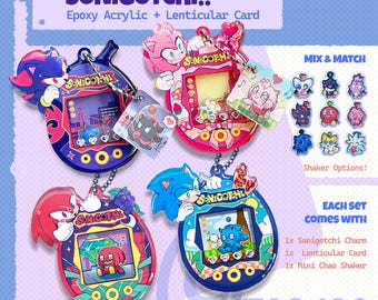 May include: Four colorful Sonigotchi charms featuring characters from the Sonic the Hedgehog series. Each charm has a unique design with a small screen and character art. The image also shows shaker options and the text "SONIGOTCHI!!".
