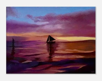 Ocean Sunset Oil Painting Canvas Print – Sailboats, Calm Waters, Vibrant Sky