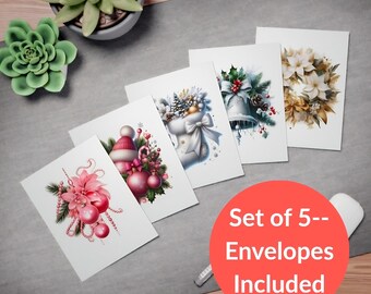 Pink Christmas Cards Set of 5, Elegant Floral Holiday Greeting Cards