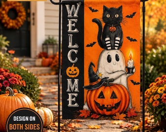 Halloween Garden Flag Black Cat Ghost Pumpkin Welcome Sign Outdoor Yard Decor Fall Porch Decoration