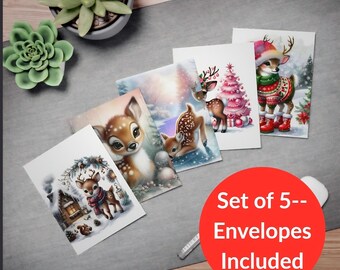 Set van 5 schattige kerstkaarten met herten, kerstkaarten met winterthema.