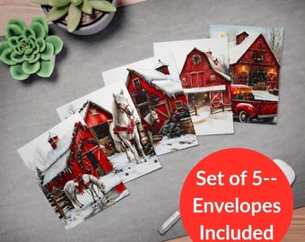 Rustic Christmas Cards Set of 5, Red Barn Horse Farmhouse Greeting Cards