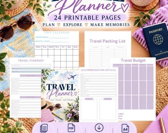 Printable Travel Planner, Vacation Itinerary, Trip Budget & Expense Tracker, Packing Checklist, Travel Journal PDF