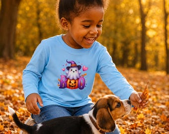 Camiseta infantil de Halloween con estampado de fantasmas, linda camiseta de manga larga con estampado de bruja y calabaza, ideal para la temporada de Halloween.