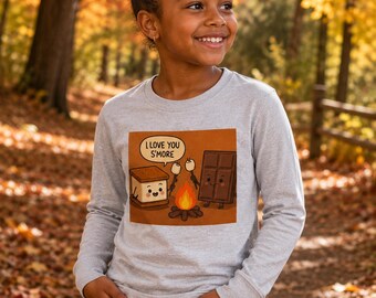 T-shirt met lange mouwen voor kinderen met S'mores- en kampvuurprint, herfstkampeertemmer, grappig outdoor-avonturenshirt, kampeercadeau voor jongens of meisjes