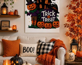 Halloween Trick or Treat Poster Haunted House Pumpkin Wall Art Spooky Fall Home Decor Gothic Halloween Print