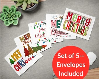 Colorful Merry Christmas Cards Set of 5, Fun Holiday Greeting Cards