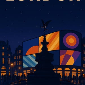 London Night Travel Poster: Vintage Piccadilly, London shopping (Digital Download)