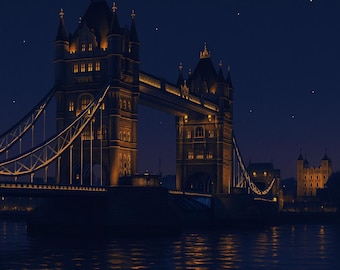 London Night Travel Poster: Vintage Tower Bridge, Tower of London Art (Digital Download)