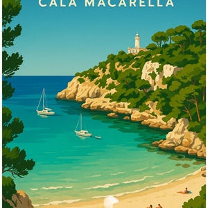 May include: A vintage travel poster for Menorca, Spain, featuring Cala Macarella. The image shows a turquoise bay with sailboats, a sandy beach, and a lighthouse atop a green cliff. The sky is a clear blue.