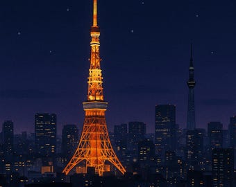 Tokyo Night Print: Retro Travel Poster, Tokyo Tower Skyline (Digital Download)