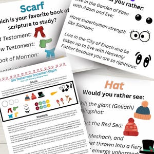 May include: Educational cards with questions and illustrations. One card asks "Which is your favorite book of scripture to study?" with scarf illustrations. Another asks "Would you rather:" with eye options. A third card asks "Would you rather see:" with hat options.